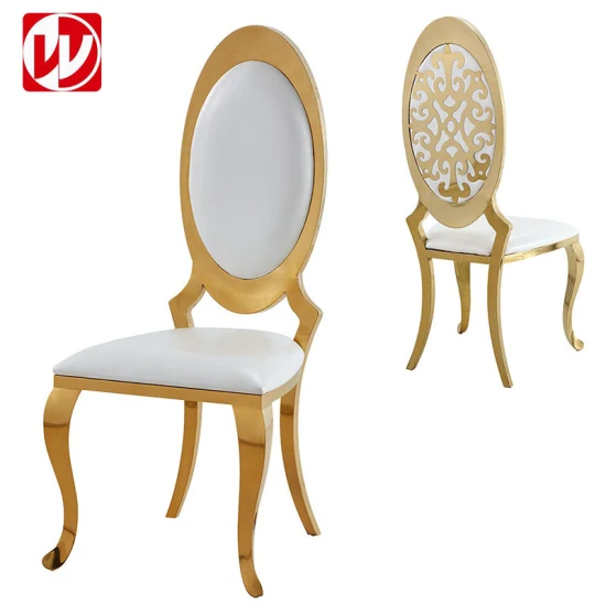 Cadeiras de jantar em aço inoxidável dourado em couro PU branco para casa de hotel, restaurante, sala de banquetes, casamentos